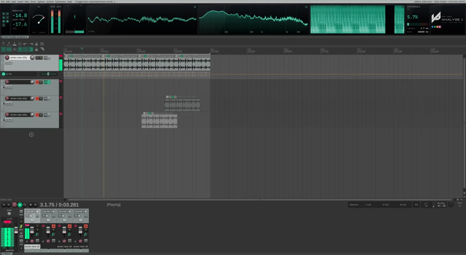 Kerf Audio Analyse 1 docked across the top of REAPER while a drum break plays: loudness, VU, peak, goniometer, scope, spectrum, spectrogram and performance panels