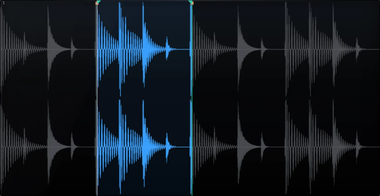 Clip Tool waveform with a selection across two beats, its fade handles at each edge and the rest of the clip dimmed